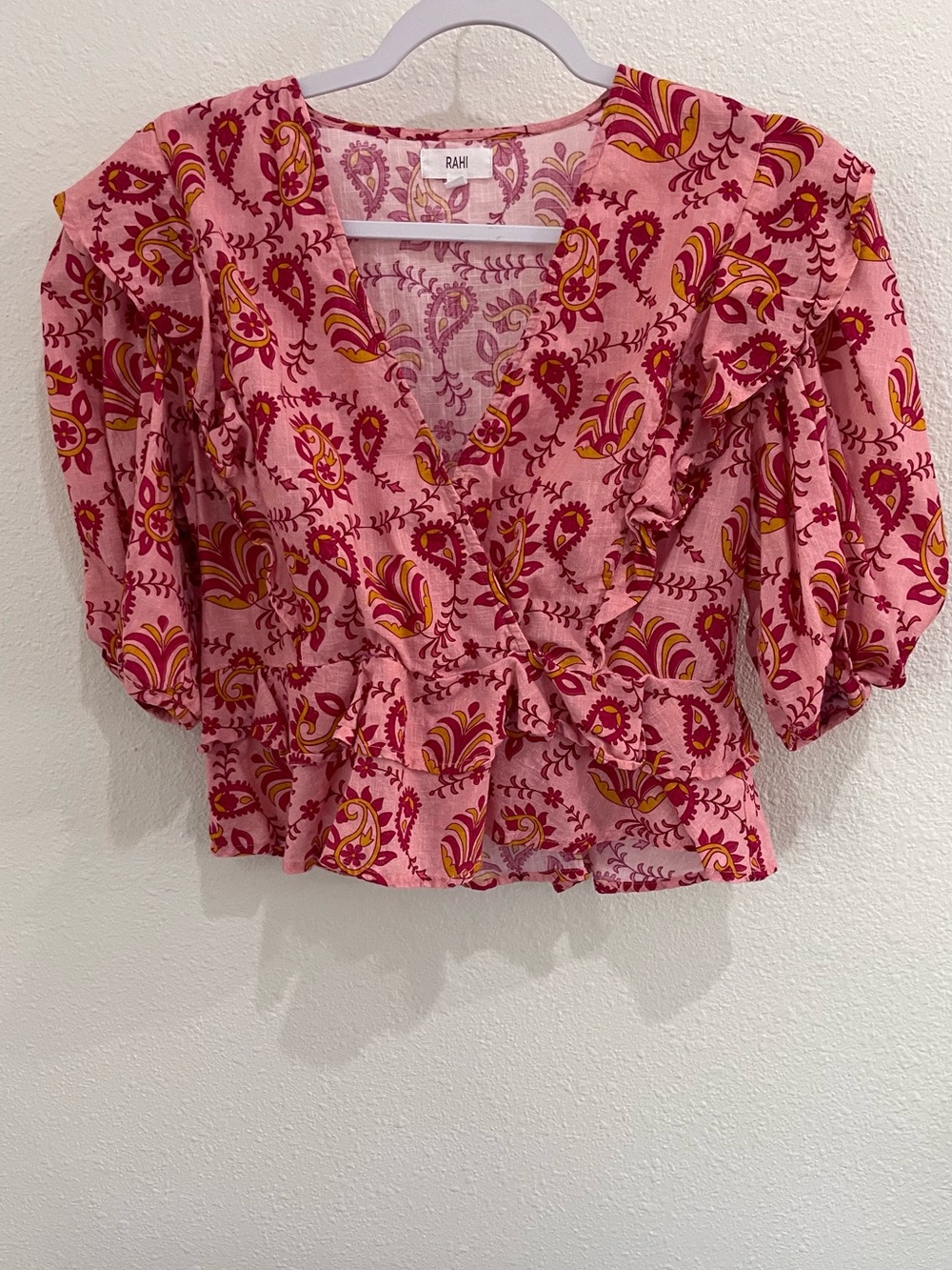 Anthropologie Pink Floral Peplum Blouse Feminine Ruffle V Neck Boho